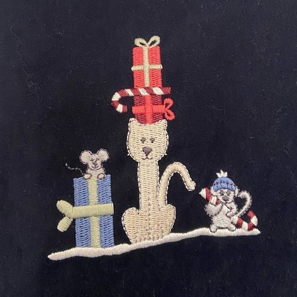 Christopher Banks Cat Snowman Embroidered Holiday Christmas Navy Vintage Blouse - Picture 8 of 14
